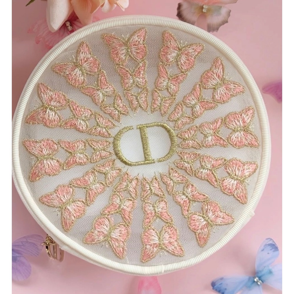 NEW Christian Dior Parfums Butterfly Embroidered Round Mesh Pouch White Pink